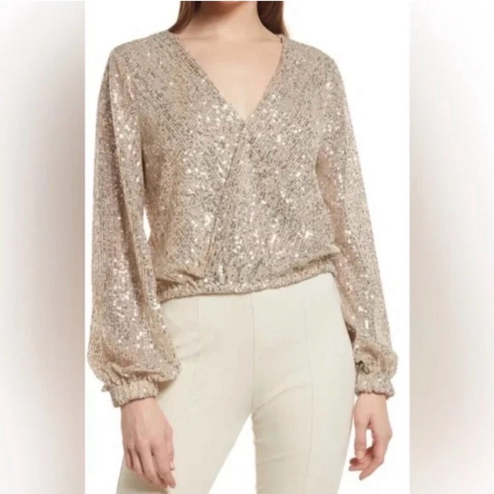 SOCIALITE Sequin Faux Wrap Front Blouse Long Sleeve in Champagne Silver Size S